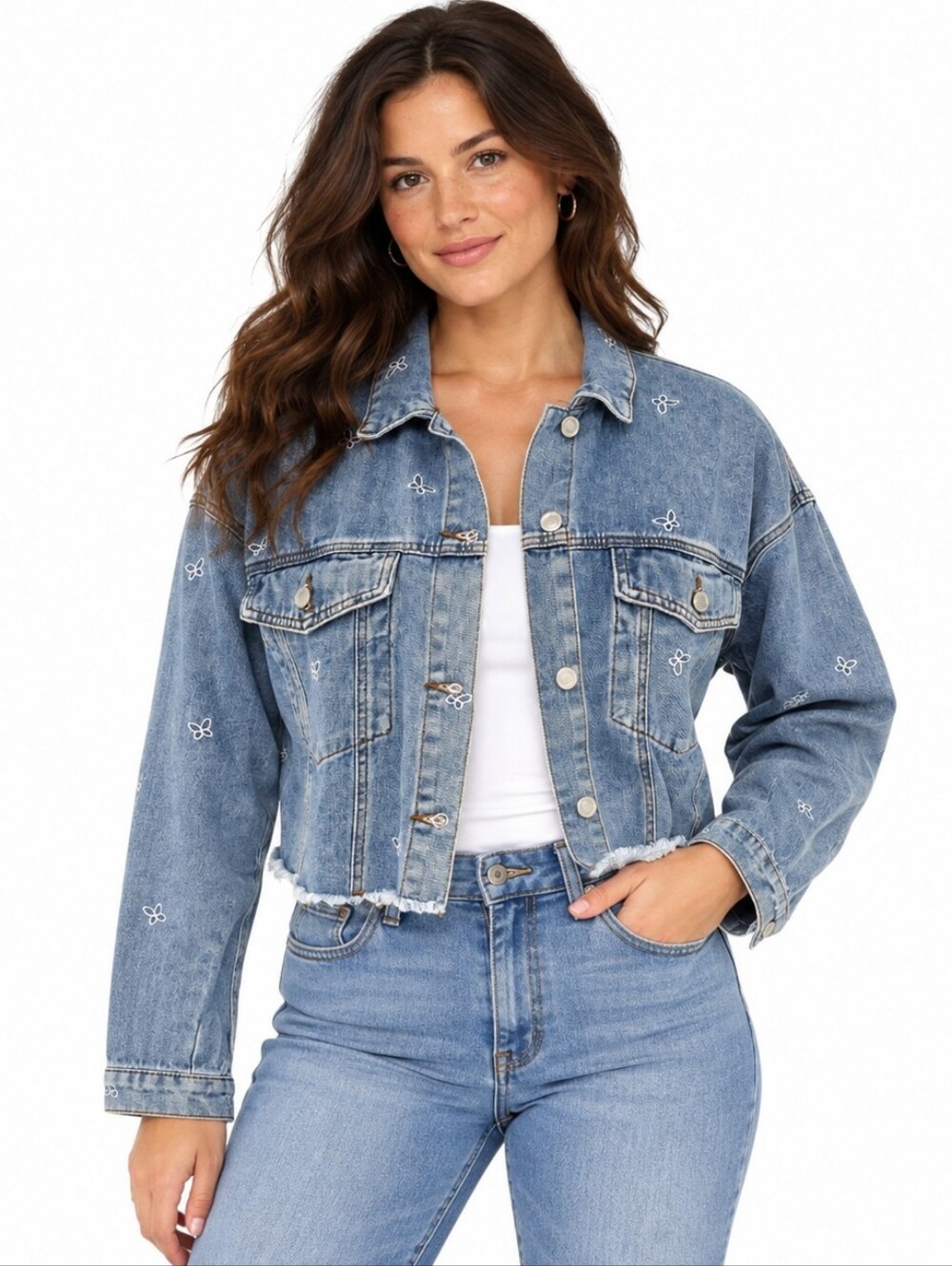 Angel Kiss Denim Jacket Size L Blue Butterfly Embroidered Cropped Raw Hem